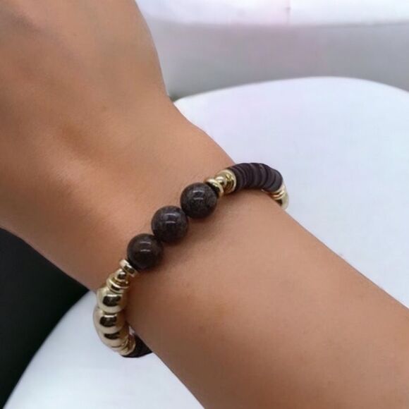 NWT Wool + Pepper Co. Brown & Gold Beaded Bracelet - Picture 2 of 2